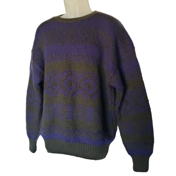 Vintage Claiborne Sweater Mens Size XL Wool Chunky Knitted By Hand Blue Green - Picture 4 of 9